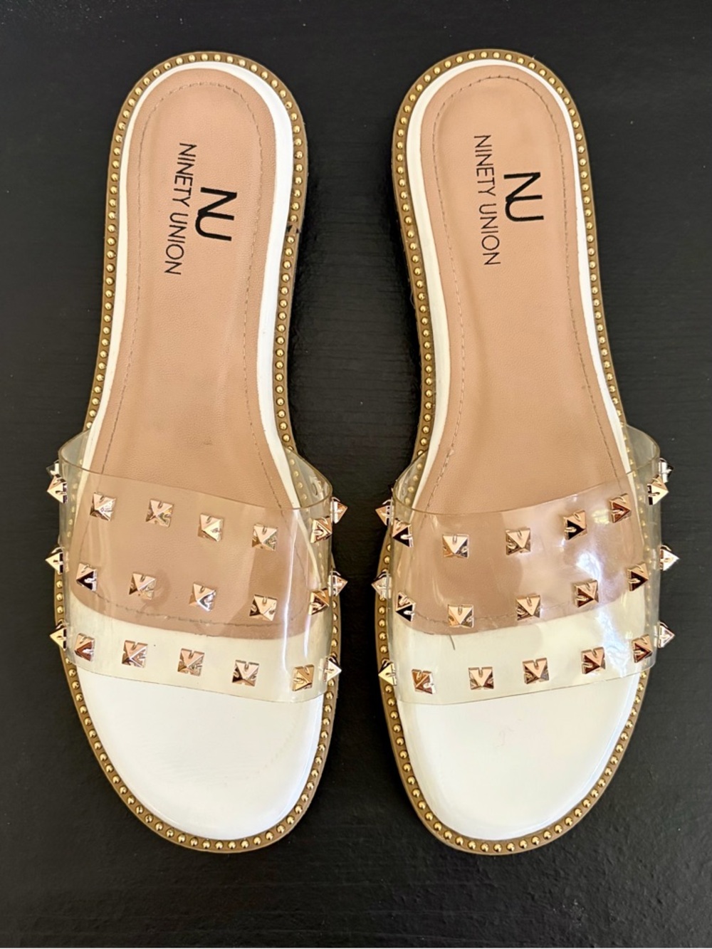 Ninety Union Studded Slides in White & Black w/ Gold Accents, SZ 11 EUC - Picture 3 of 11